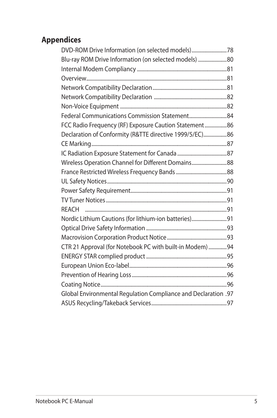 Appendices | Asus 1015E User Manual | Page 5 / 98