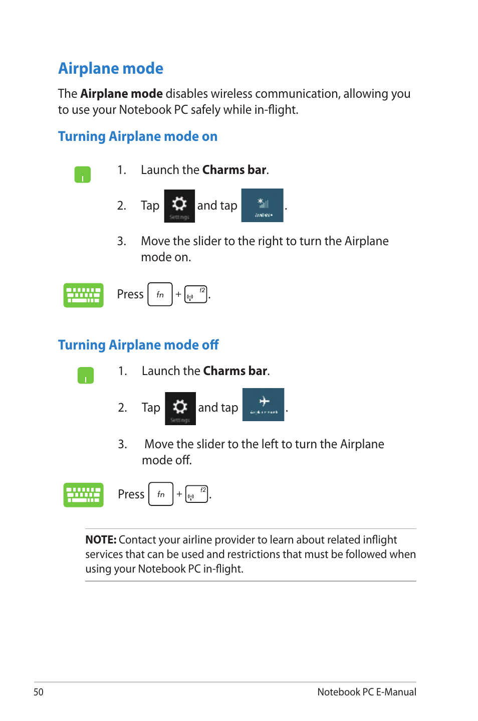 Airplane mode | Asus 1015E User Manual | Page 50 / 98