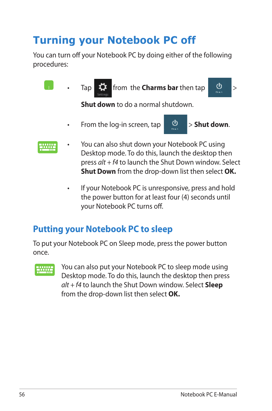 Turning your notebook pc off, Putting your notebook pc to sleep | Asus 1015E User Manual | Page 56 / 98