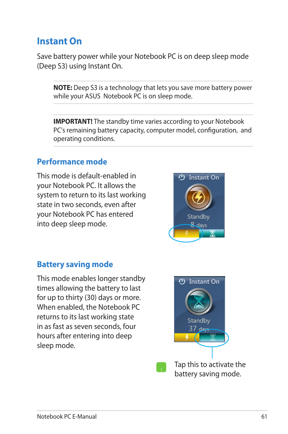 Instant on | Asus 1015E User Manual | Page 61 / 98