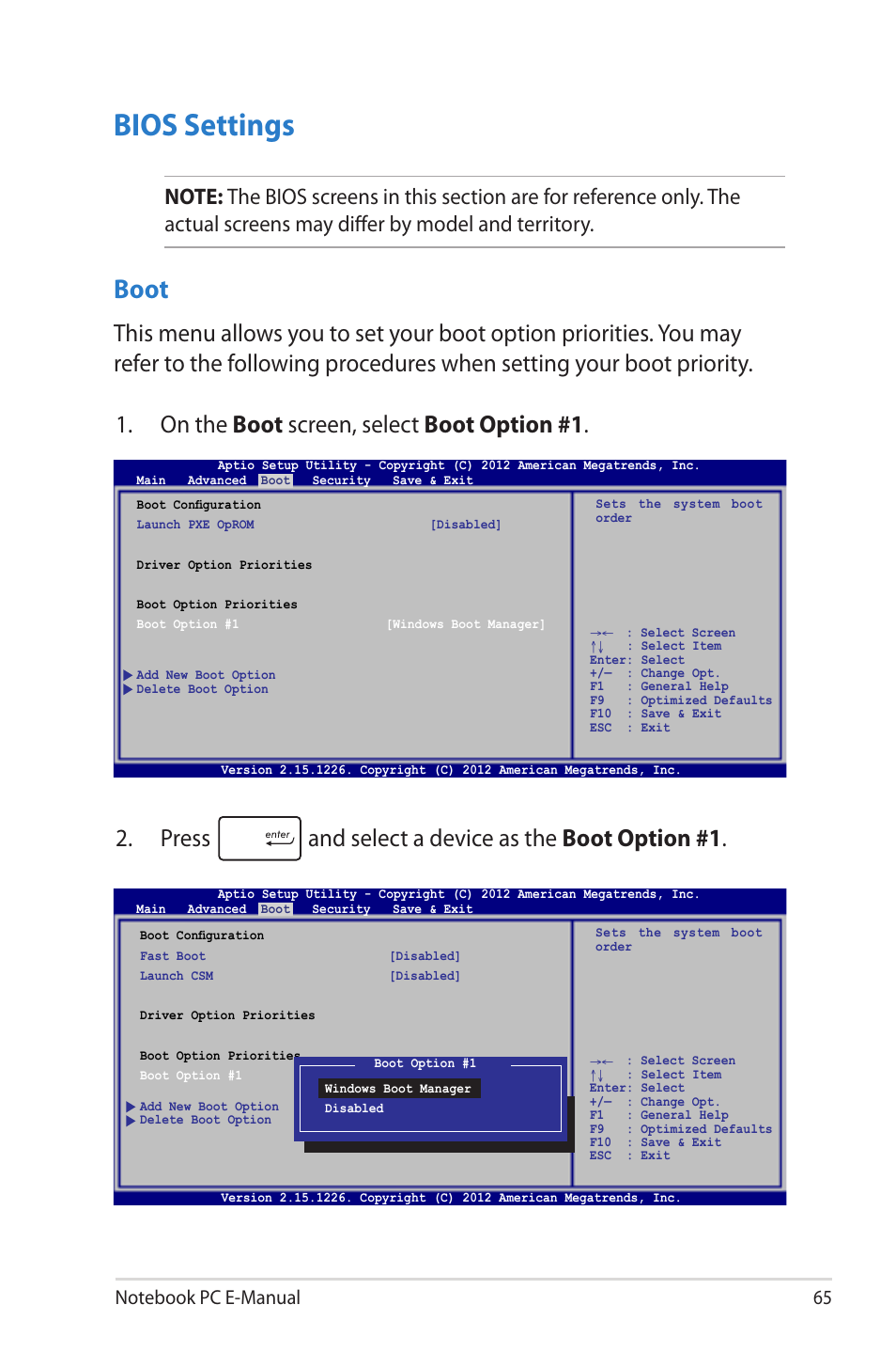 Bios settings, Boot | Asus 1015E User Manual | Page 65 / 98