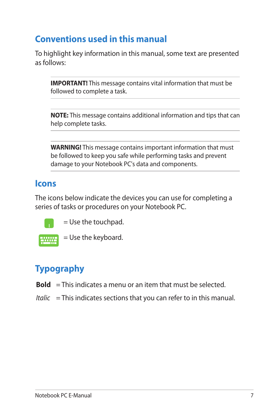 Conventions used in this manual, Icons, Typography | Conventions used in this manual icons | Asus 1015E User Manual | Page 7 / 98