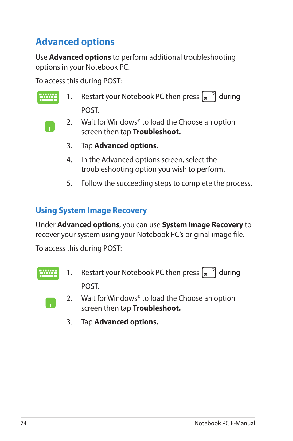 Advanced options | Asus 1015E User Manual | Page 74 / 98