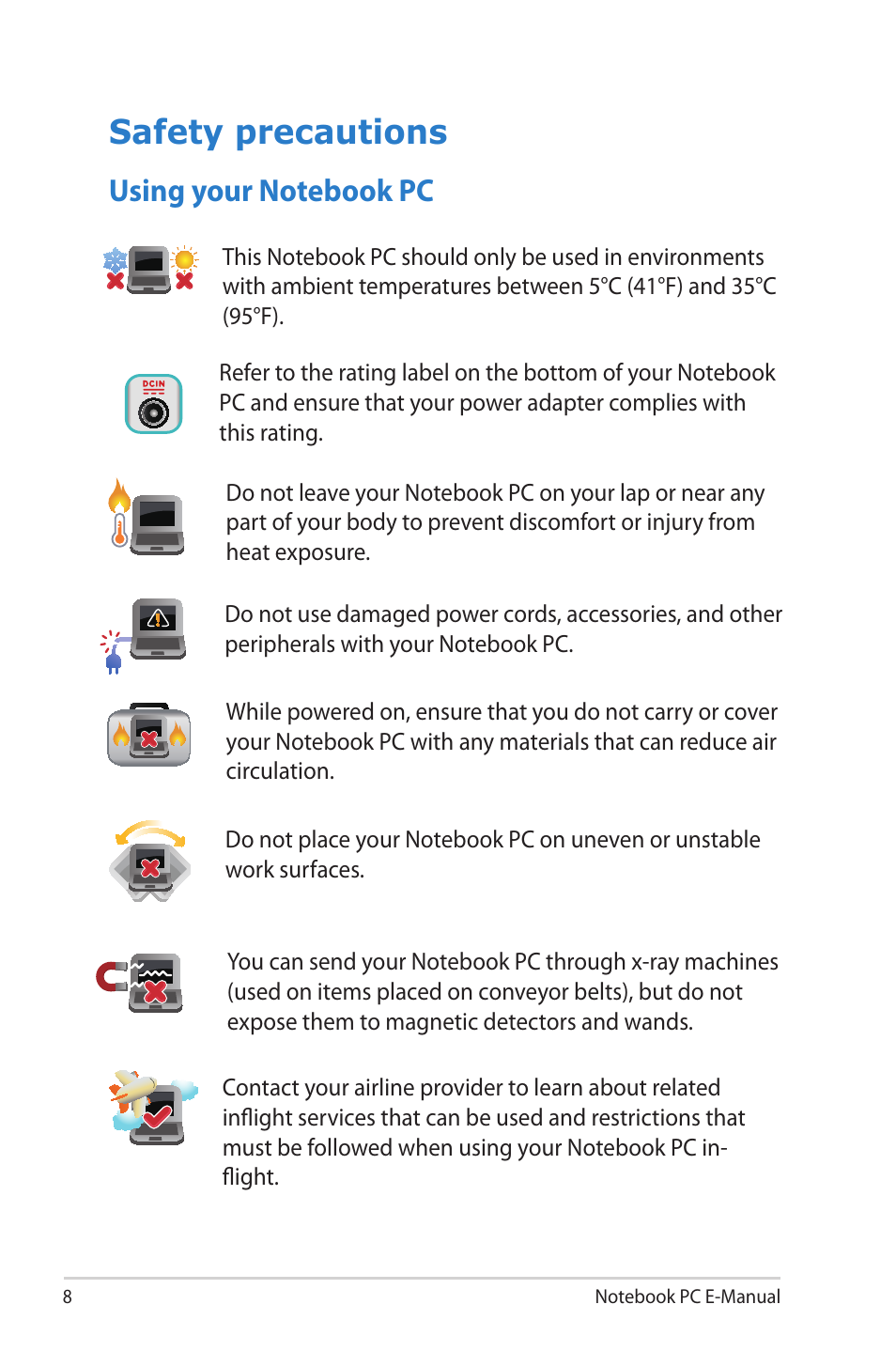 Safety precautions, Using your notebook pc | Asus 1015E User Manual | Page 8 / 98