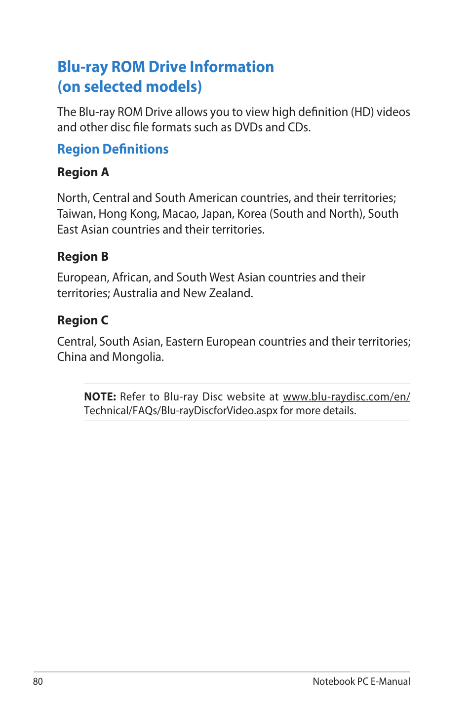 Blu-ray rom drive information (on selected models) | Asus 1015E User Manual | Page 80 / 98