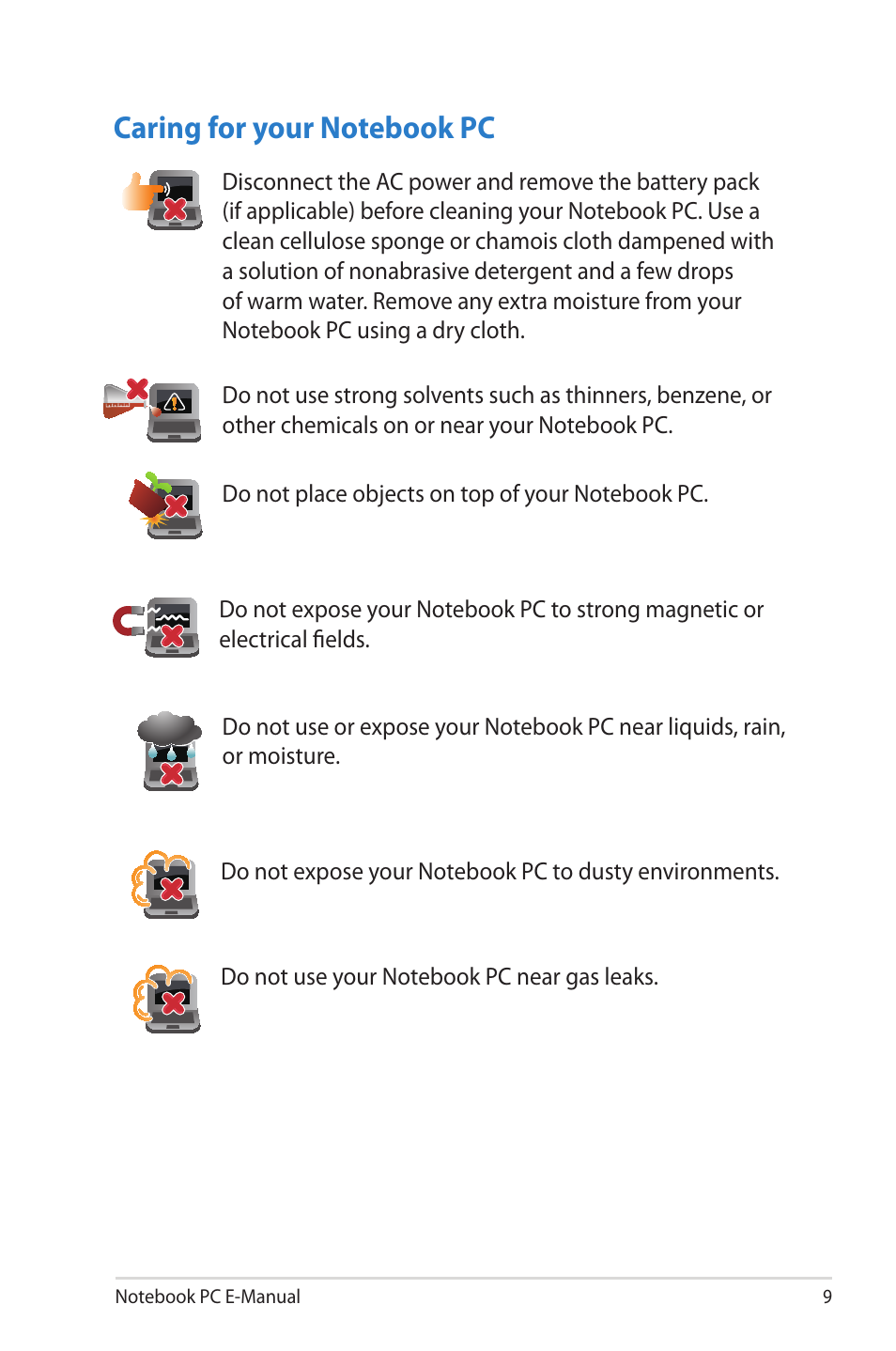 Caring for your notebook pc | Asus 1015E User Manual | Page 9 / 98