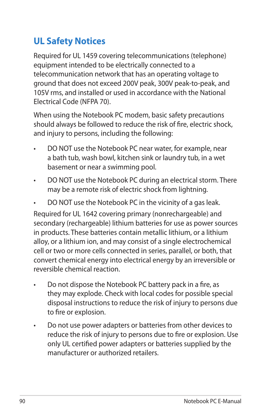 Ul safety notices | Asus 1015E User Manual | Page 90 / 98