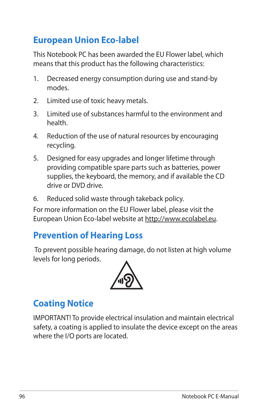 European union eco-label, Prevention of hearing loss, Coating notice | Asus 1015E User Manual | Page 96 / 98