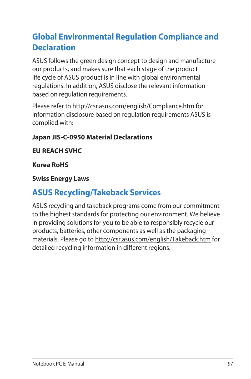 Asus recycling/takeback services | Asus 1015E User Manual | Page 97 / 98