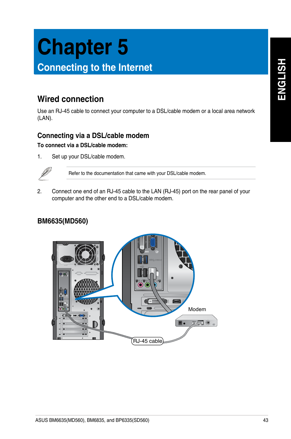 Chapter 5：connecting to the internet, Wired connection, Chapter 5 ： connecting to the internet | Chapter 5, En g lis h en g li sh, Connecting to the internet | Asus BP6335 User Manual | Page 43 / 215