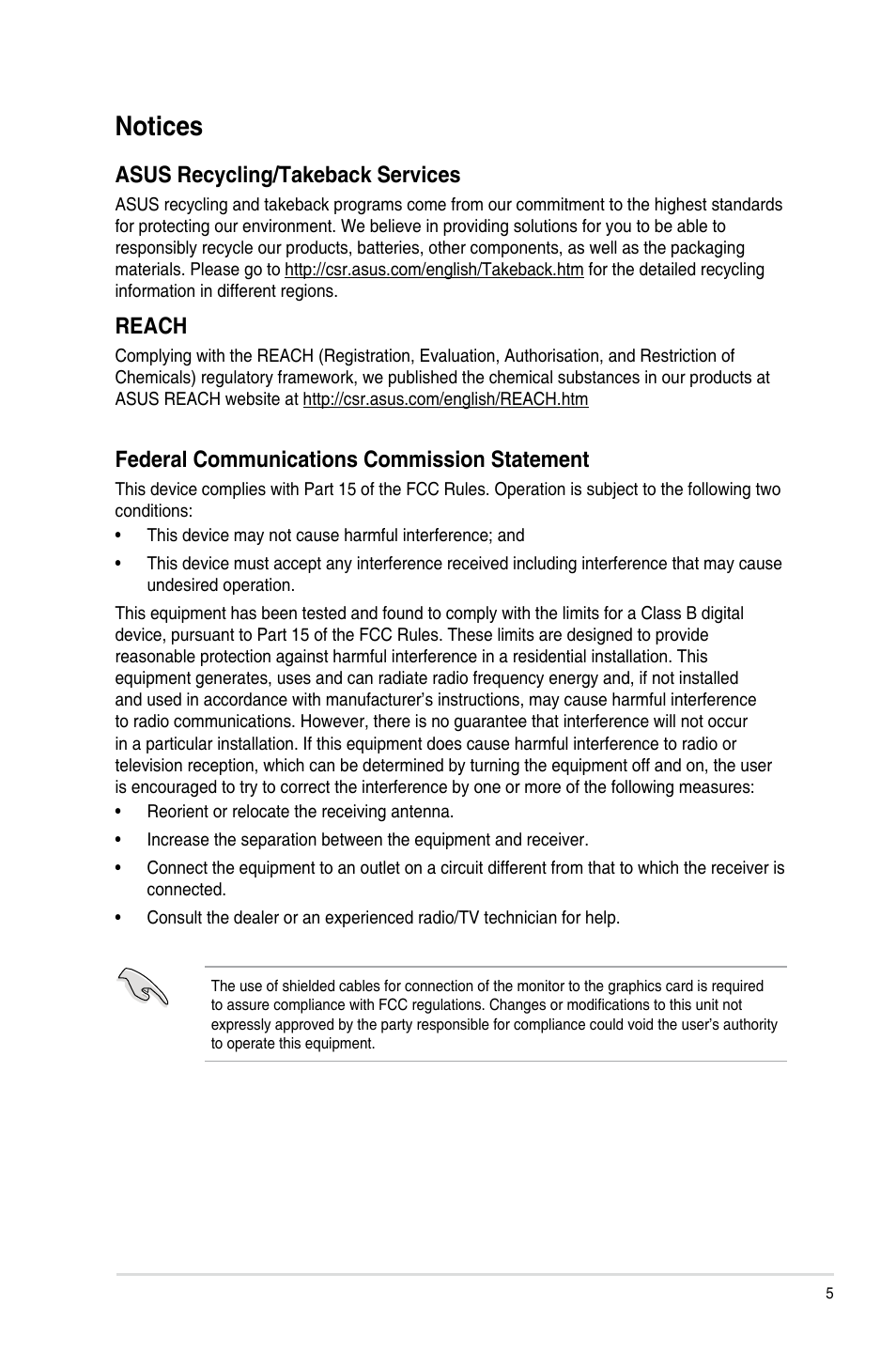 Notices, Asus recycling/takeback services, Reach | Federal communications commission statement | Asus BP6335 User Manual | Page 5 / 215