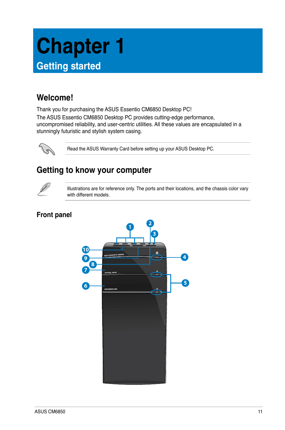 Chapter 1: getting started, Welcome, Getting to know your computer | Chapter 1, Getting started | Asus CM6850 User Manual | Page 11 / 68