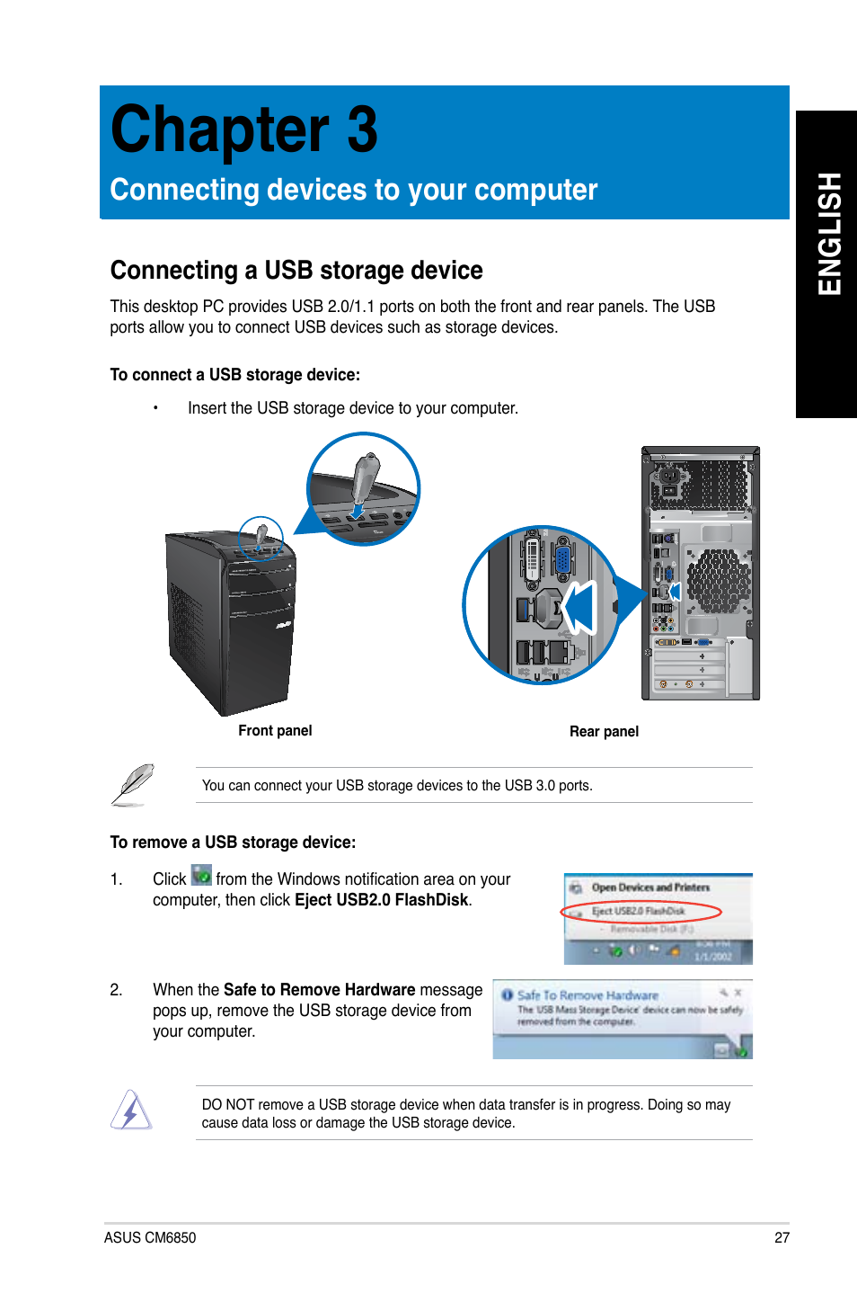 Chapter 3: connecting devices to your computer, Connecting a usb storage device, Chapter 3 | En g lis h en g li sh, Connecting devices to your computer | Asus CM6850 User Manual | Page 27 / 68