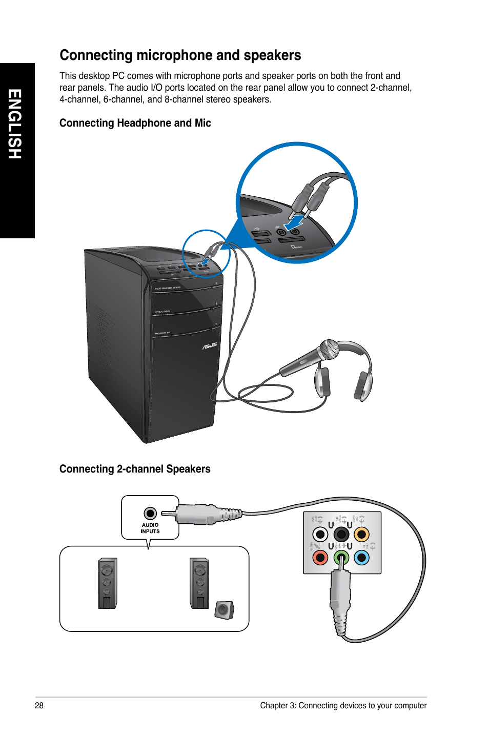 Connecting microphone and speakers, En g lis h en g li sh en g lis h en g li sh | Asus CM6850 User Manual | Page 28 / 68