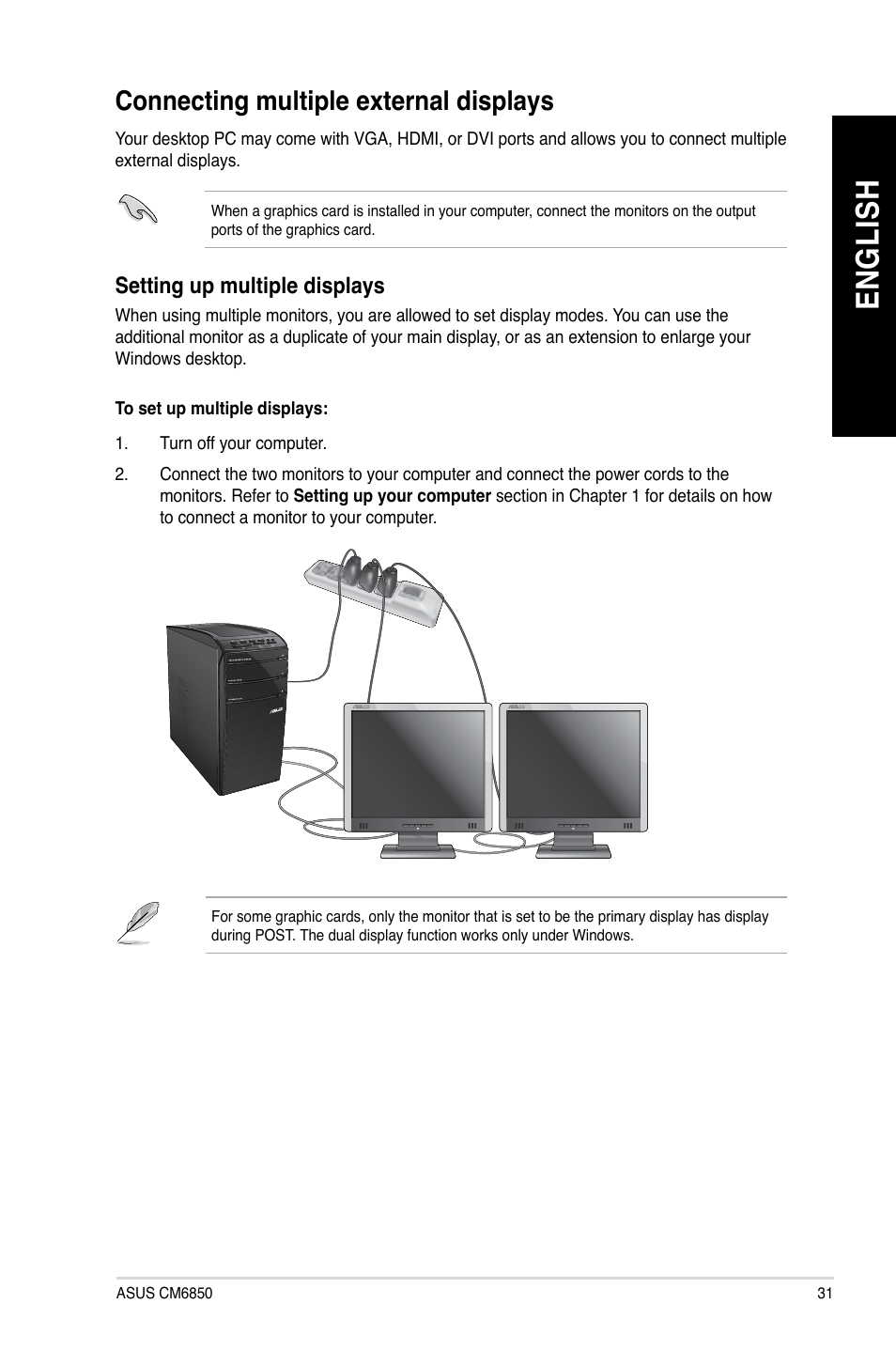 Connecting multiple external displays, En g lis h en g li sh | Asus CM6850 User Manual | Page 31 / 68