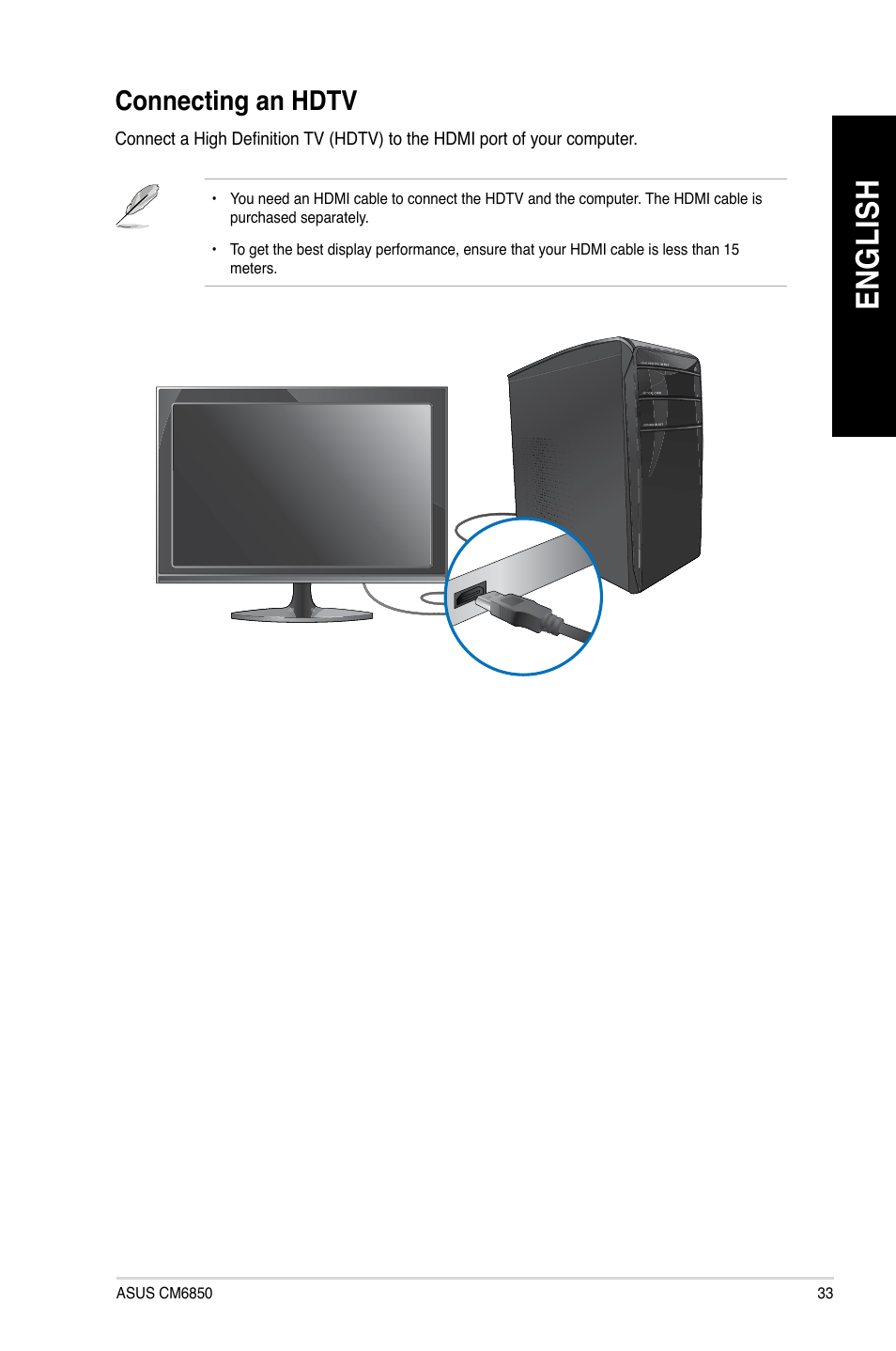 Connecting an hdtv, En g lis h en g li sh | Asus CM6850 User Manual | Page 33 / 68