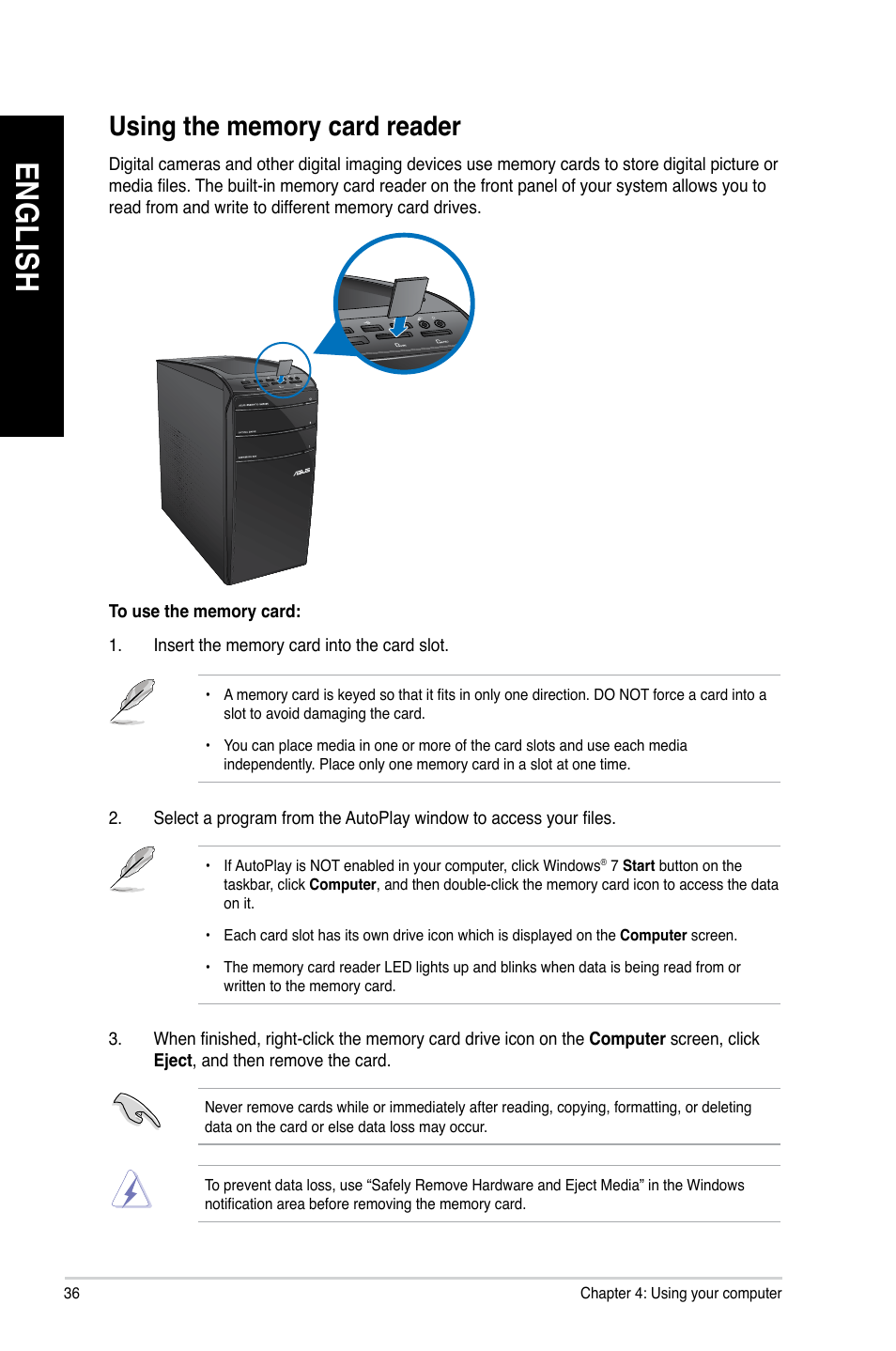 Using the memory card reader, En g lis h en g li sh en g lis h en g li sh | Asus CM6850 User Manual | Page 36 / 68