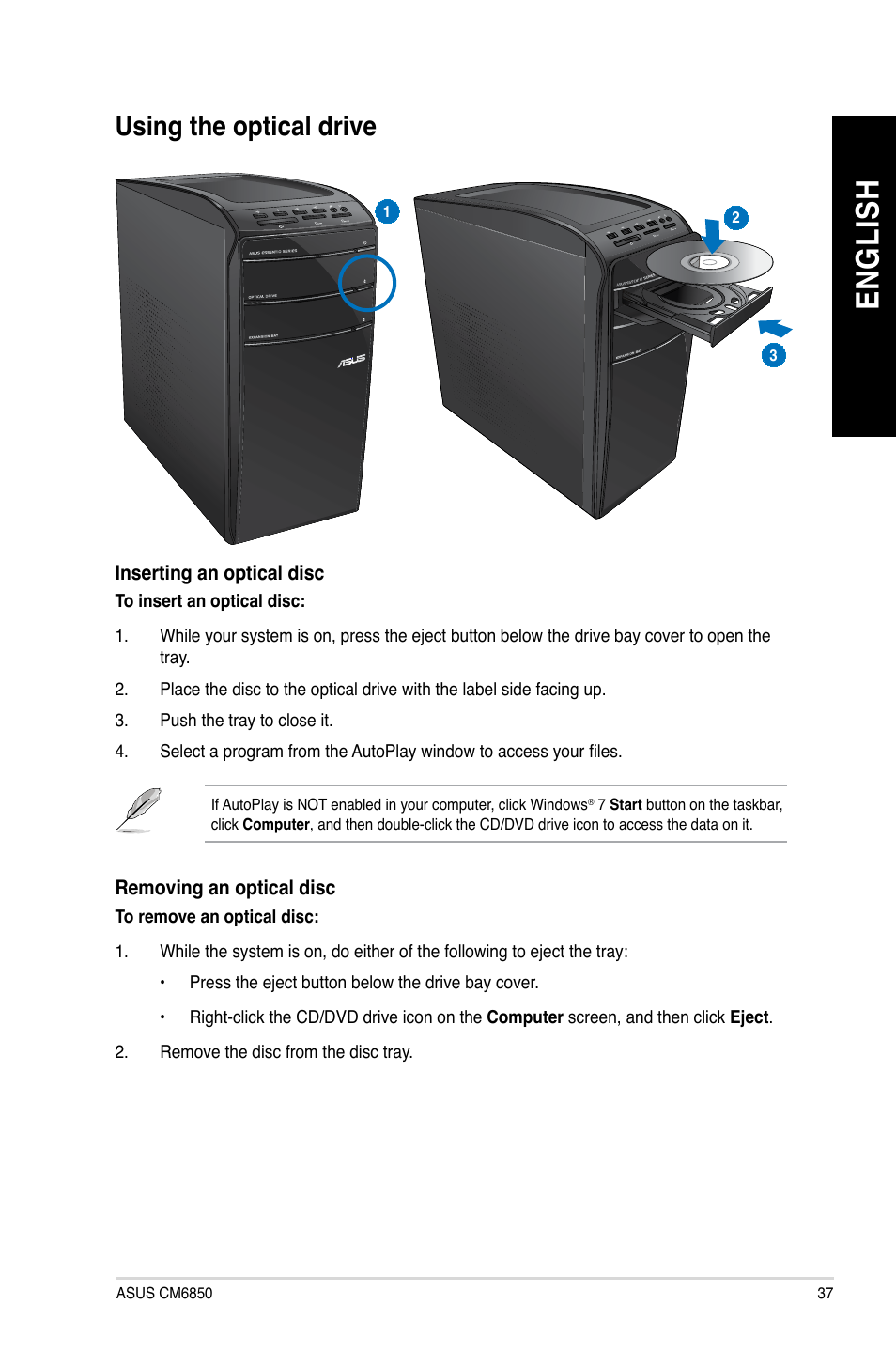 Using the optical drive, En g lis h en g li sh | Asus CM6850 User Manual | Page 37 / 68