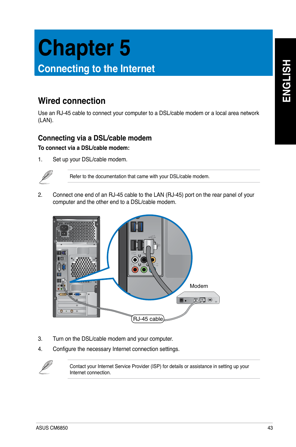 Chapter 5: connecting to the internet, Wired connection, Chapter 5 | En g lis h en g li sh, Connecting to the internet | Asus CM6850 User Manual | Page 43 / 68