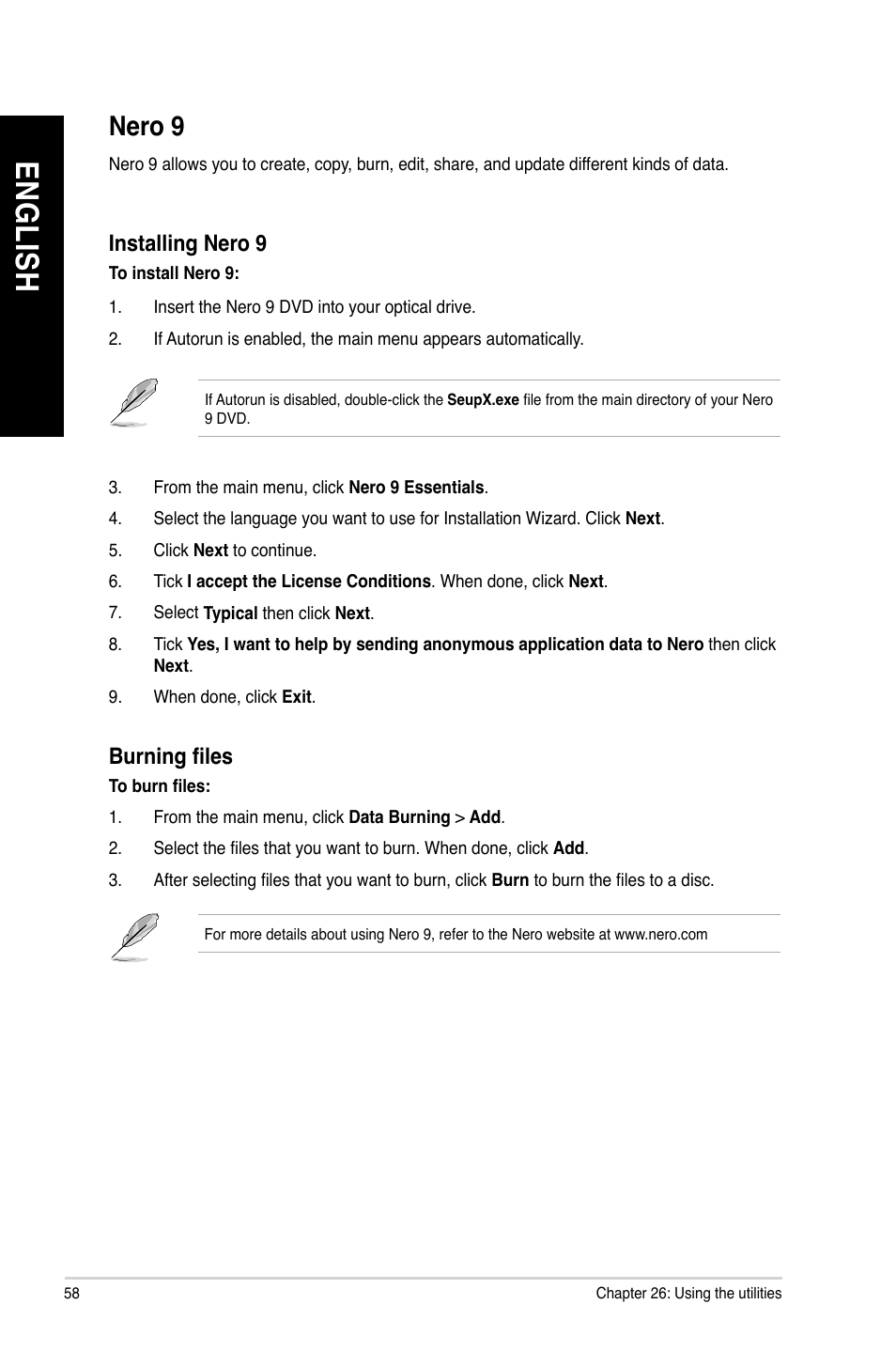 Nero 9, En g lis h en g li sh en g lis h en g li sh | Asus CM6850 User Manual | Page 58 / 68