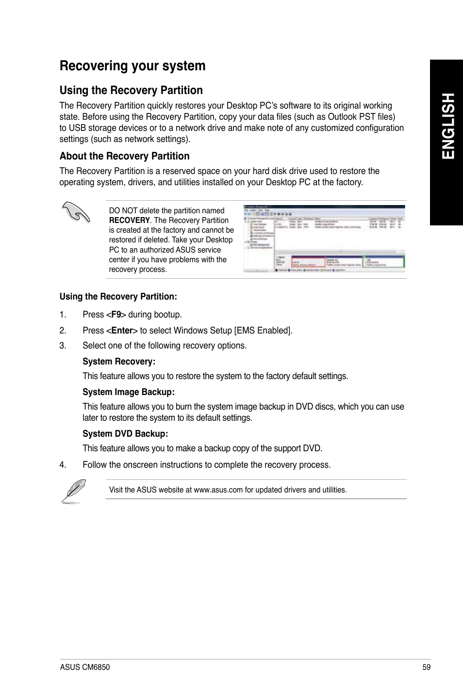 Recovering your system, En g lis h en g li sh | Asus CM6850 User Manual | Page 59 / 68