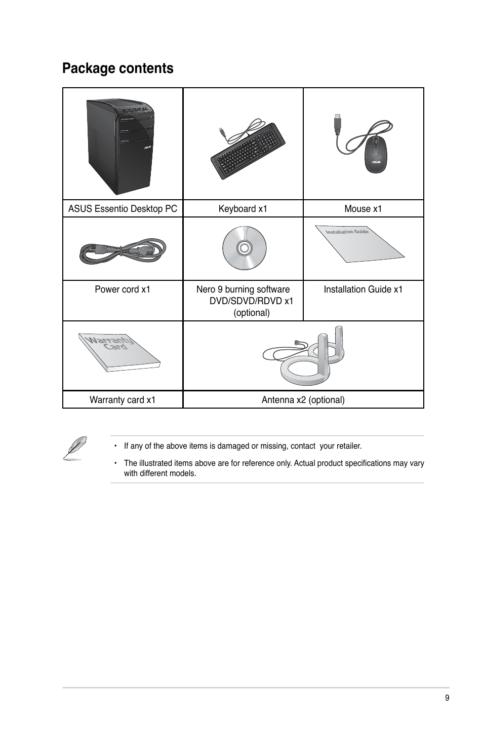 Package contents | Asus CM6850 User Manual | Page 9 / 68