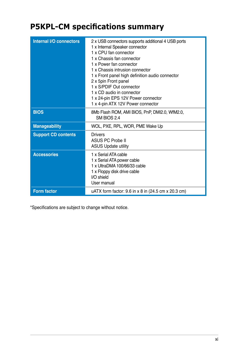 P5kpl-cm specifications summary | Asus P5KPL-CM User Manual | Page 11 / 90