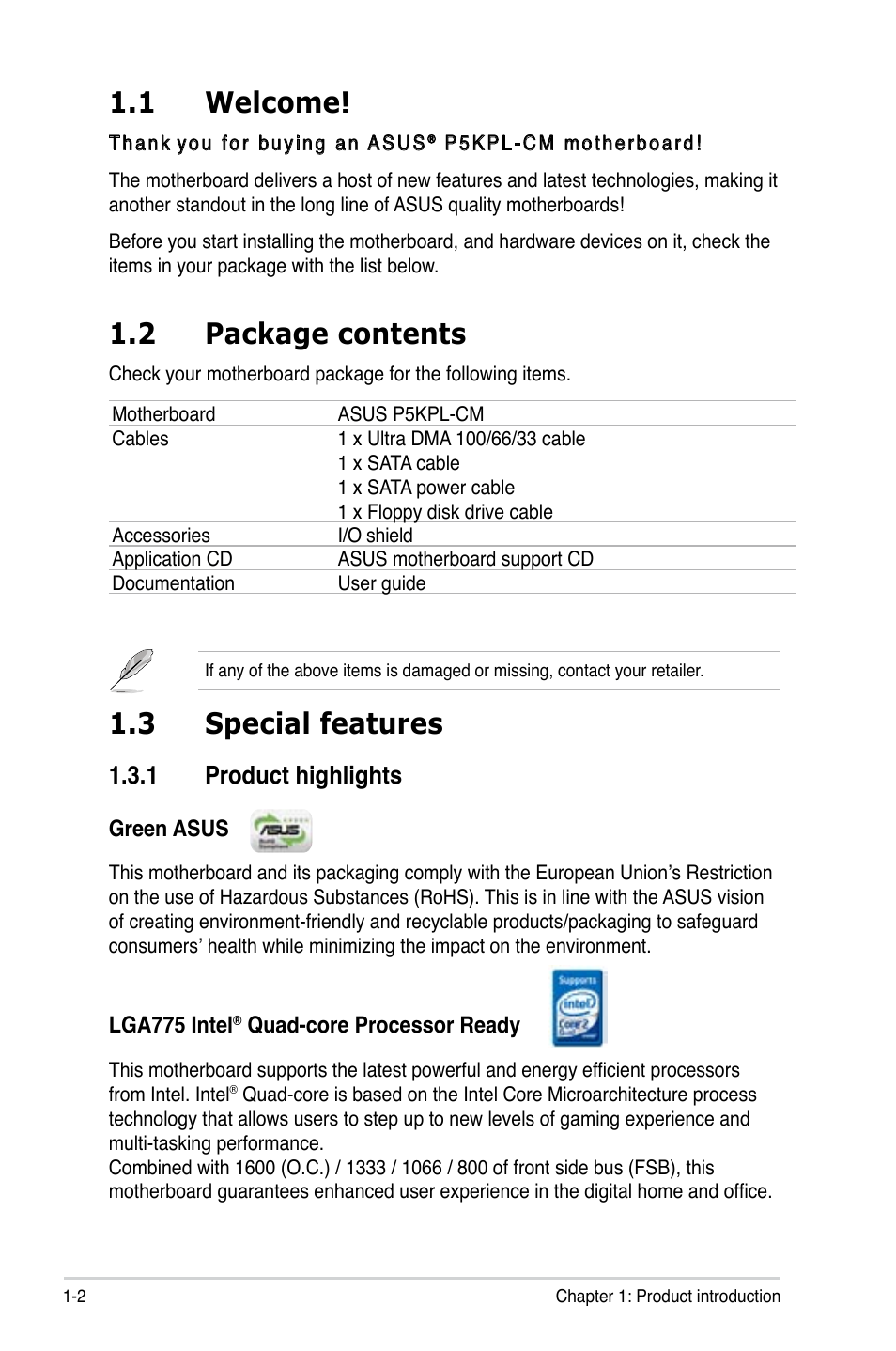 1 welcome, 2 package contents, 3 special features | 1 product highlights | Asus P5KPL-CM User Manual | Page 14 / 90