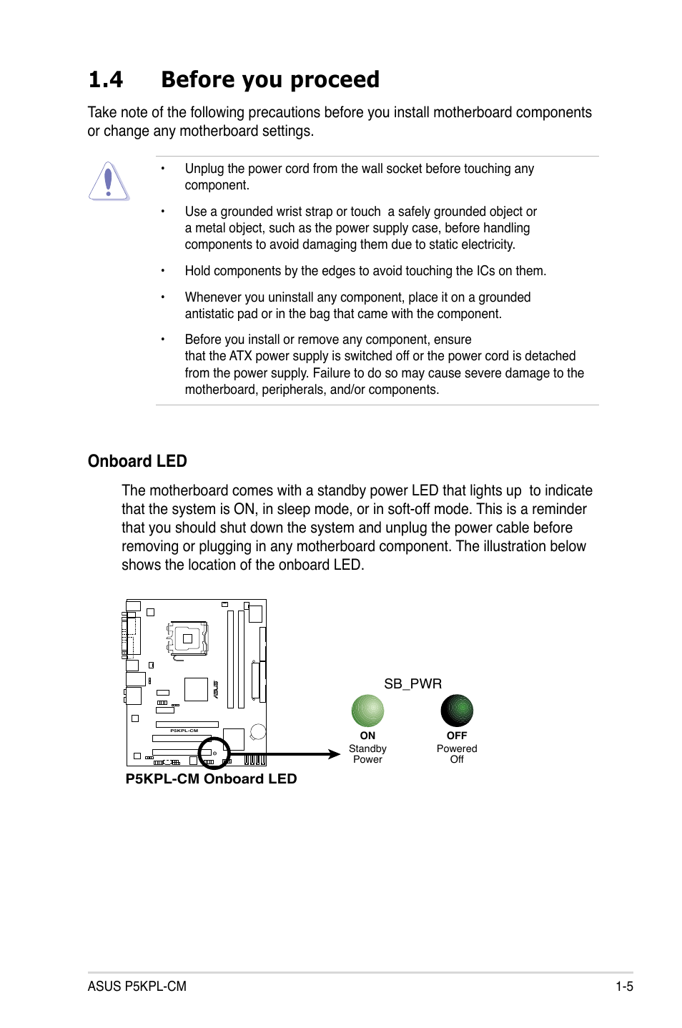 4 before you proceed, Onboard led | Asus P5KPL-CM User Manual | Page 17 / 90