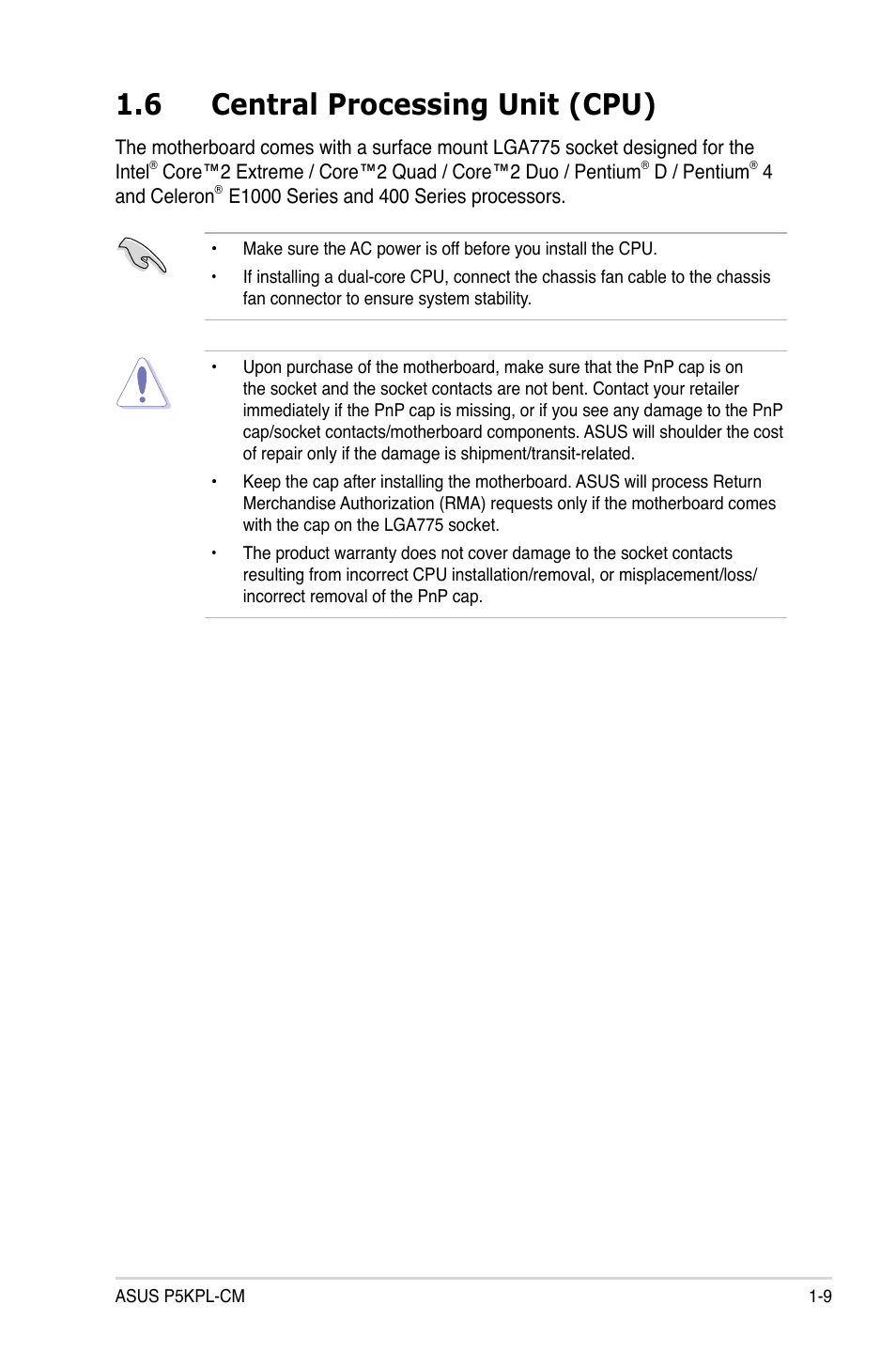 6 central processing unit (cpu) | Asus P5KPL-CM User Manual | Page 21 / 90