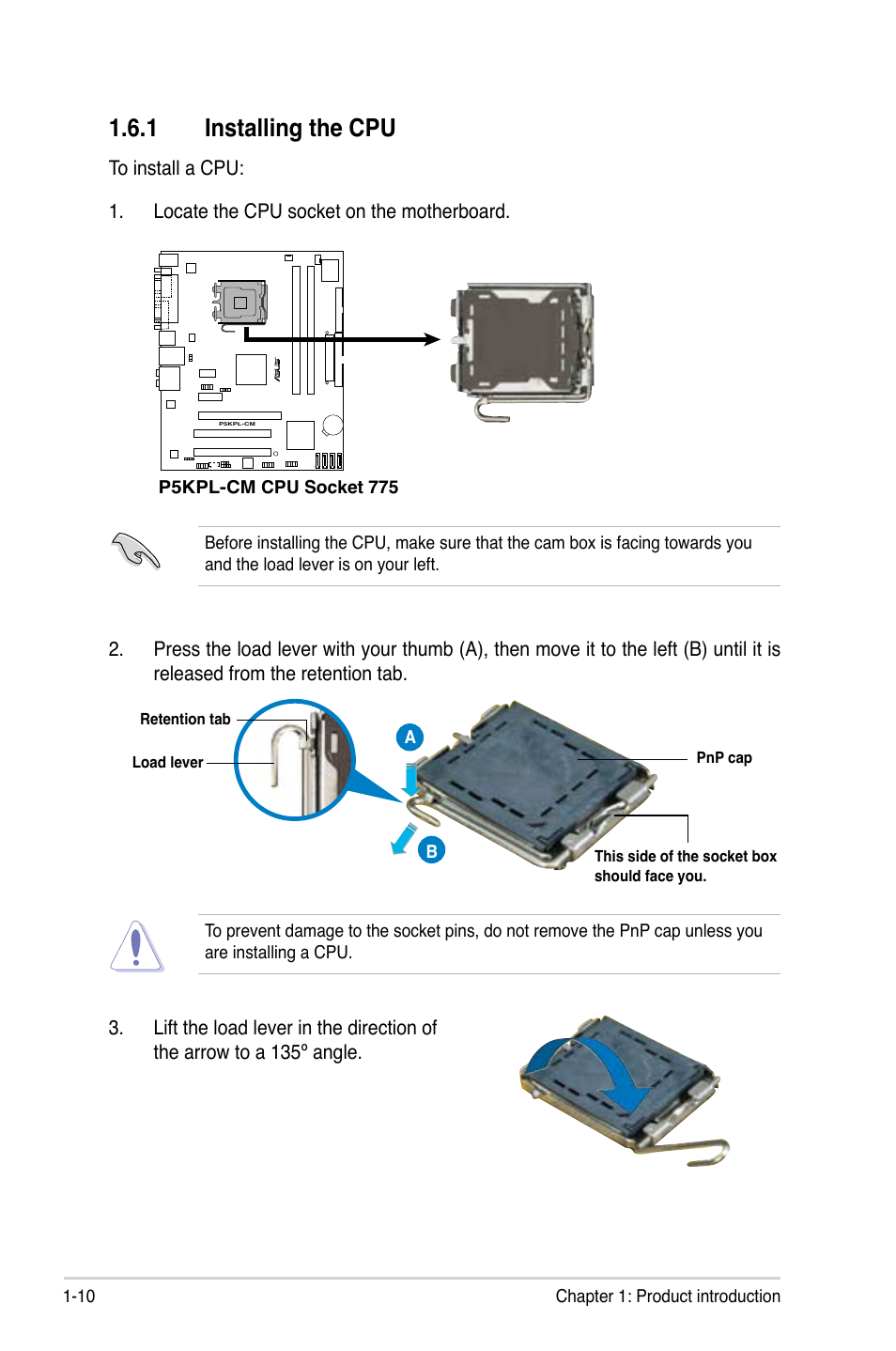 1 installing the cpu | Asus P5KPL-CM User Manual | Page 22 / 90