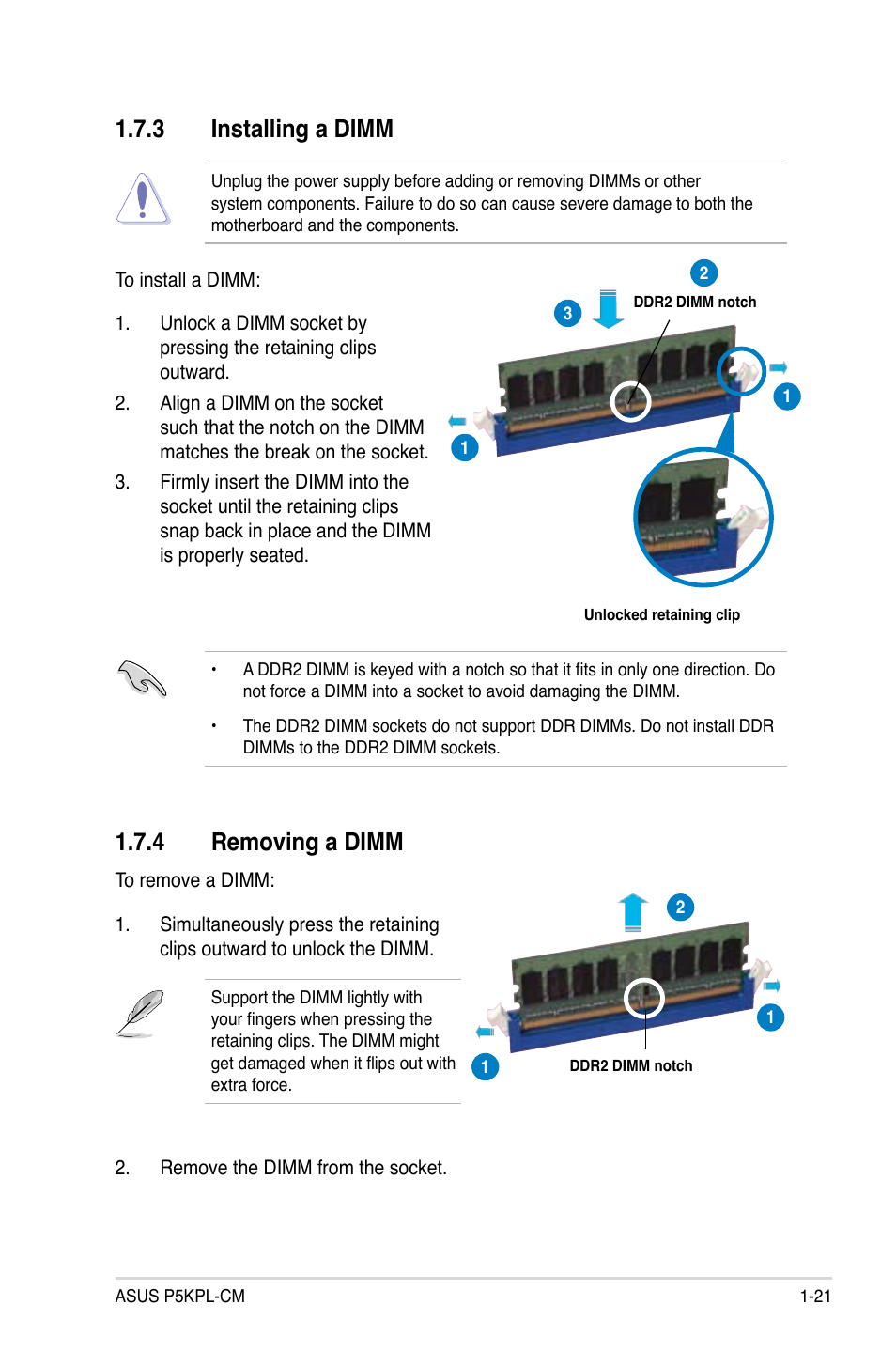 3 installing a dimm, 4 removing a dimm | Asus P5KPL-CM User Manual | Page 33 / 90