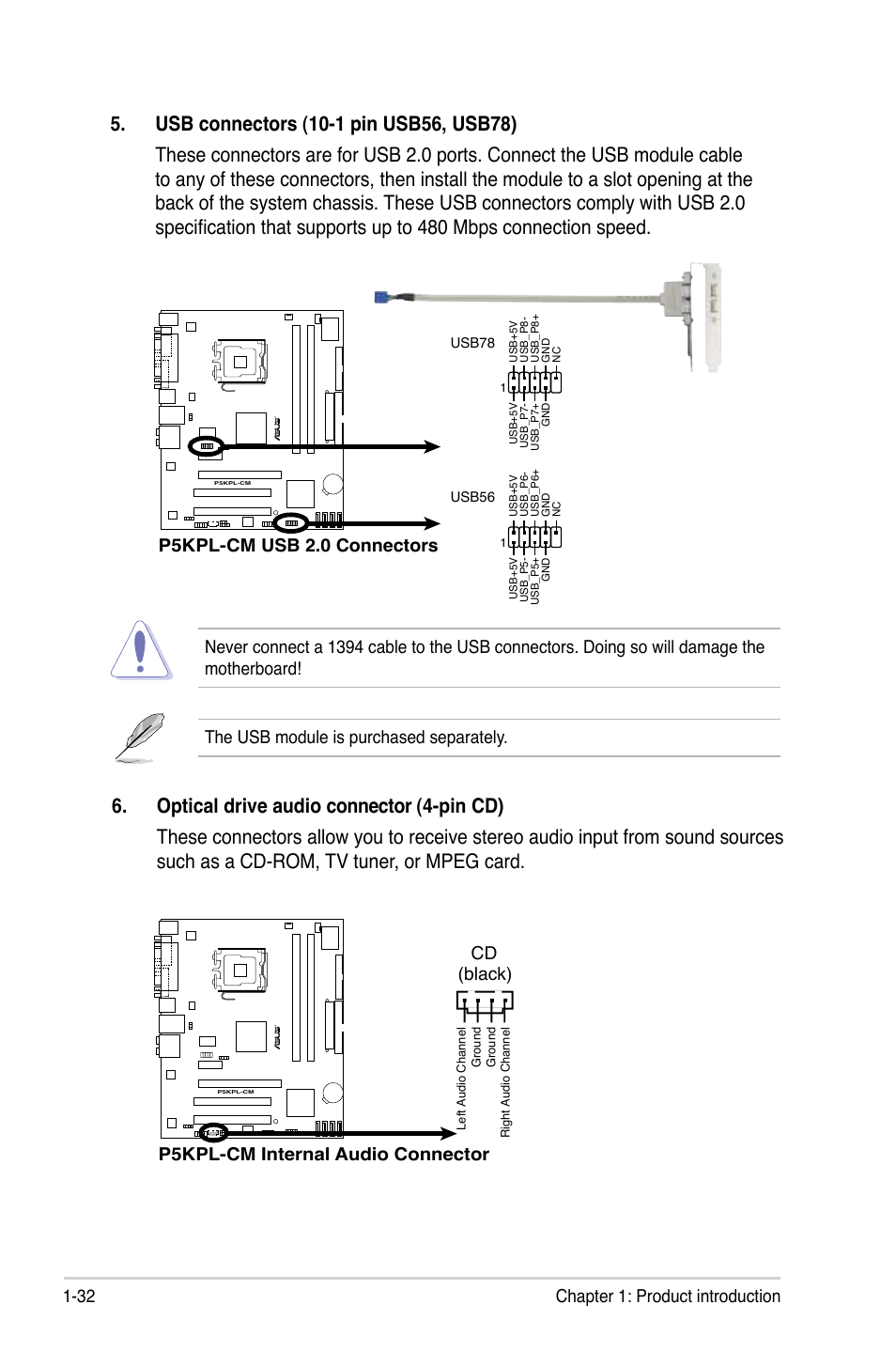 32 chapter 1: product introduction, P5kpl-cm usb 2.0 connectors, P5kpl-cm internal audio connector cd (black) | Asus P5KPL-CM User Manual | Page 44 / 90