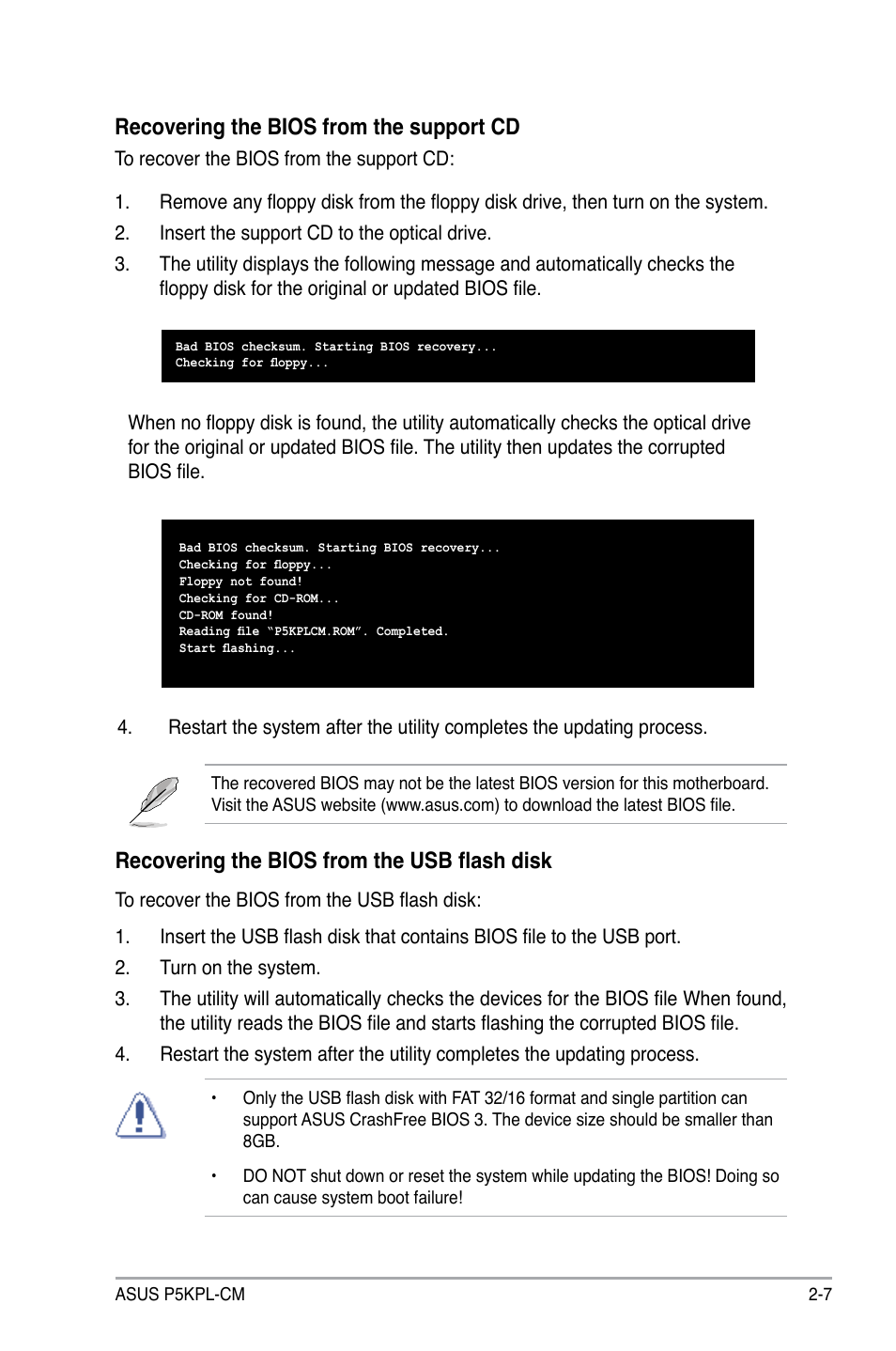 Recovering the bios from the support cd, Recovering the bios from the usb flash disk | Asus P5KPL-CM User Manual | Page 55 / 90