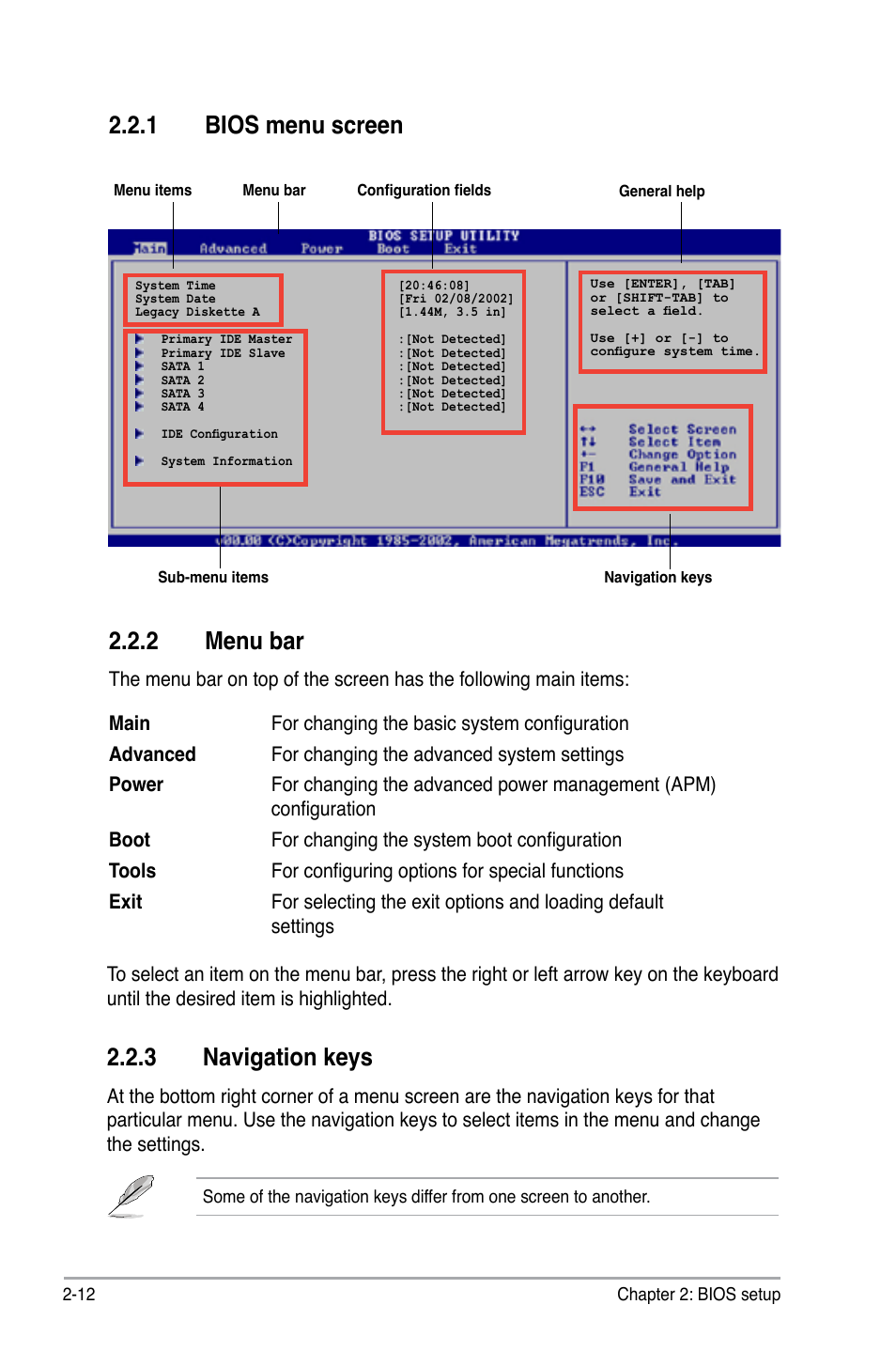 2 menu bar, 1 bios menu screen, 3 navigation keys | Asus P5KPL-CM User Manual | Page 60 / 90