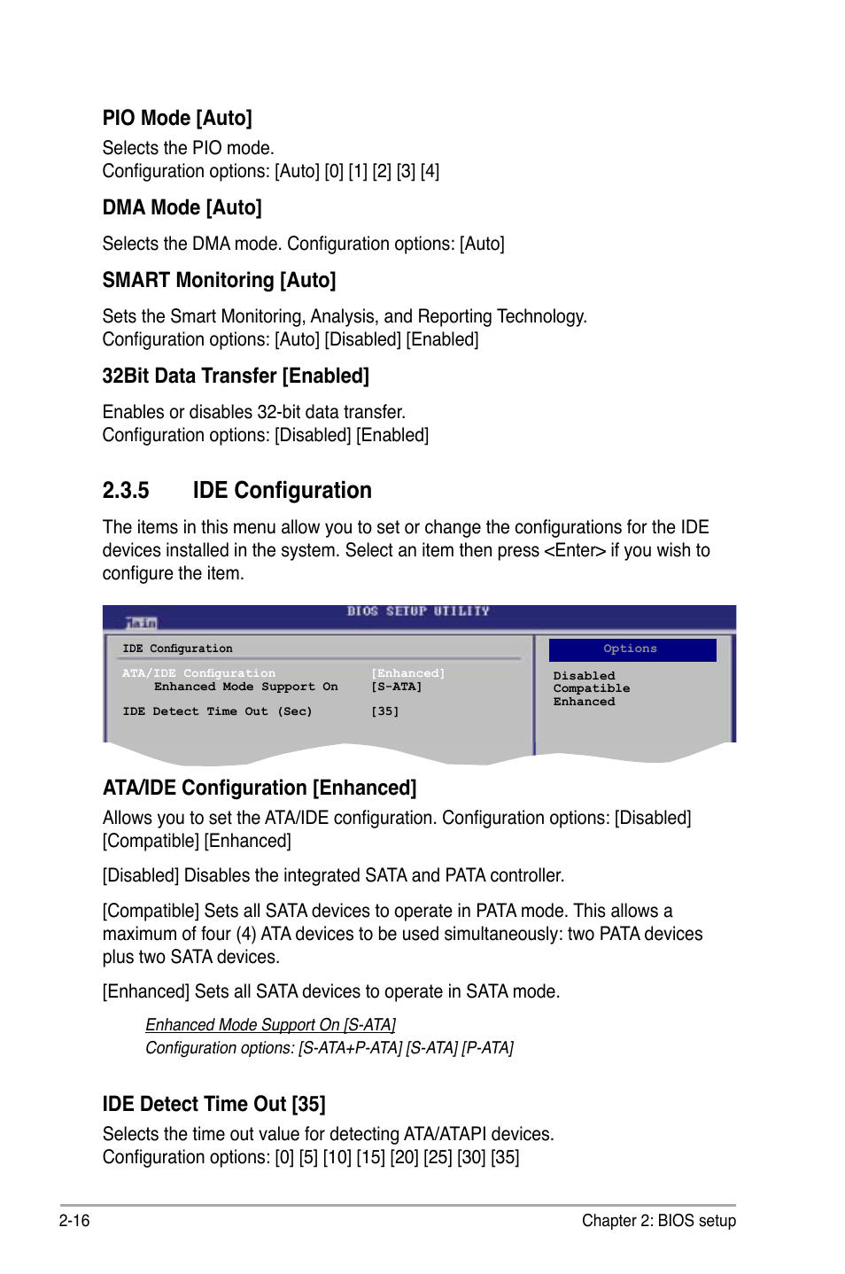 5 ide configuration, Pio mode [auto, Dma mode [auto | Smart monitoring [auto, 32bit data transfer [enabled, Ata/ide configuration [enhanced, Ide detect time out [35 | Asus P5KPL-CM User Manual | Page 64 / 90