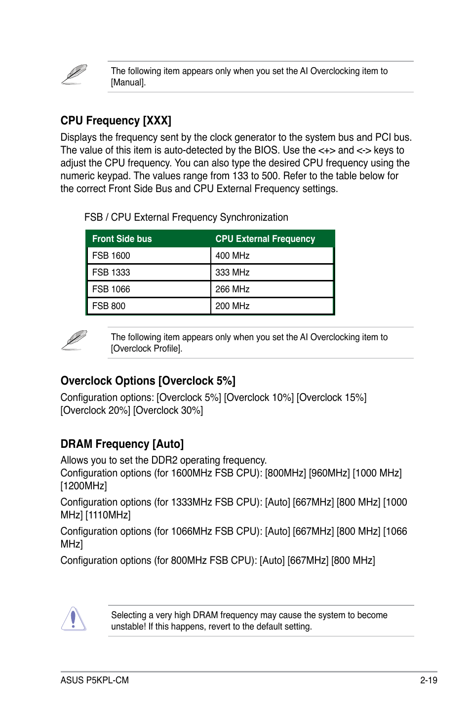 Dram frequency [auto, Cpu frequency [xxx, Overclock options [overclock 5 | Asus P5KPL-CM User Manual | Page 67 / 90