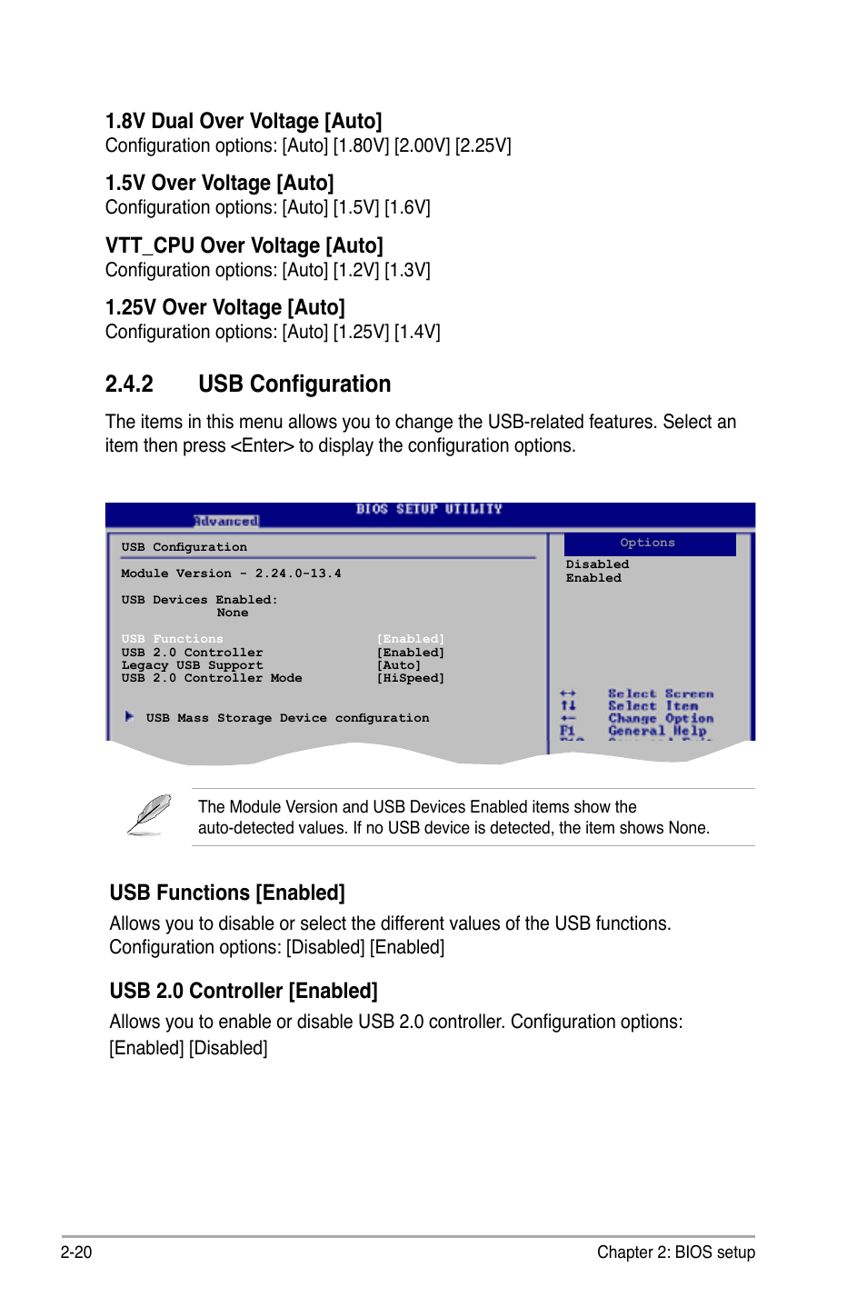 2 usb configuration, Usb functions [enabled, Usb 2.0 controller [enabled | 8v dual over voltage [auto, 5v over voltage [auto, Vtt_cpu over voltage [auto, 25v over voltage [auto | Asus P5KPL-CM User Manual | Page 68 / 90