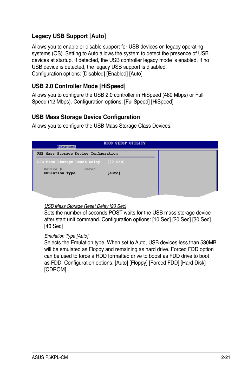 Usb mass storage device configuration, Legacy usb support [auto, Usb 2.0 controller mode [hispeed | Asus P5KPL-CM User Manual | Page 69 / 90