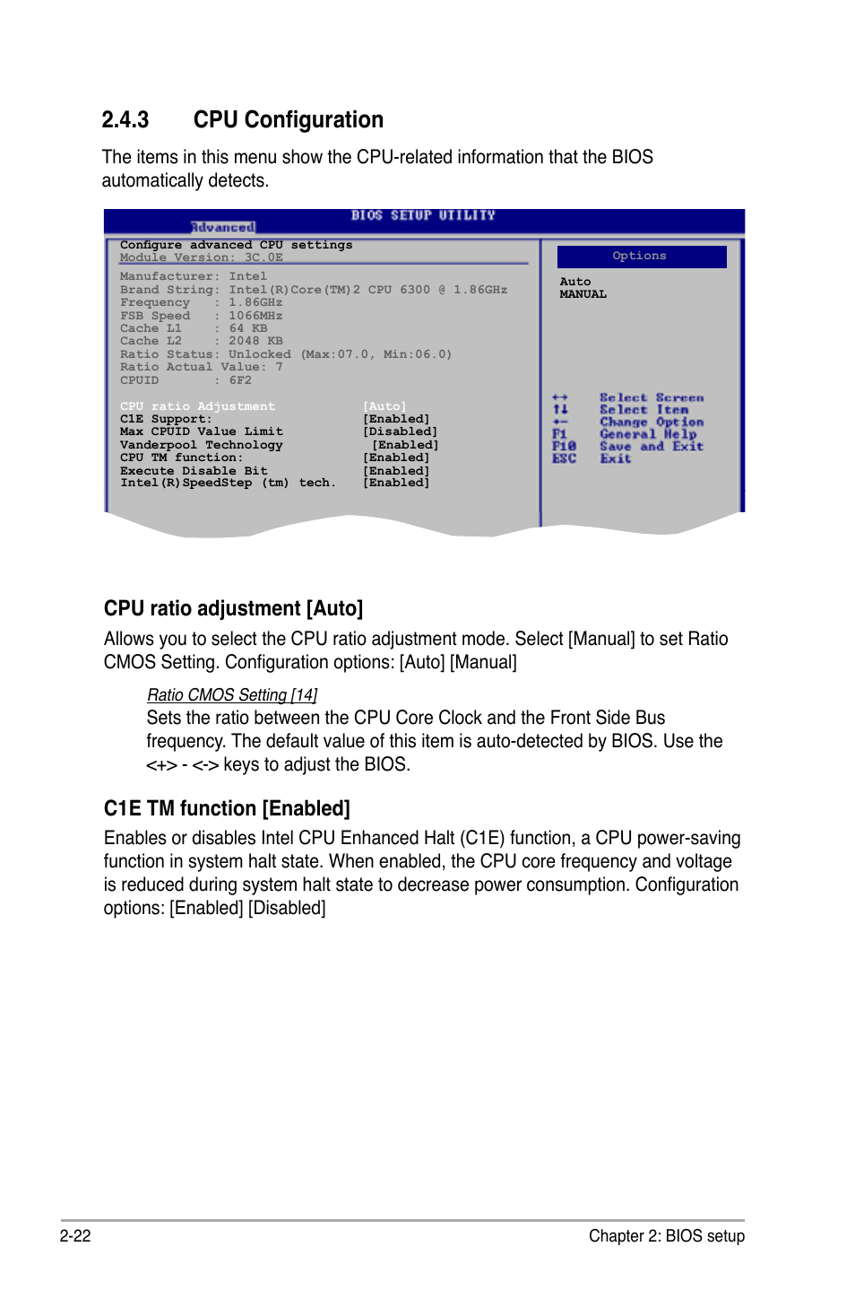 3 cpu configuration, Cpu ratio adjustment [auto, C1e tm function [enabled | Asus P5KPL-CM User Manual | Page 70 / 90