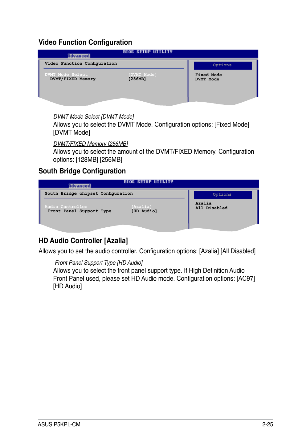 Video function configuration, South bridge configuration, Hd audio controller [azalia | Asus P5KPL-CM User Manual | Page 73 / 90