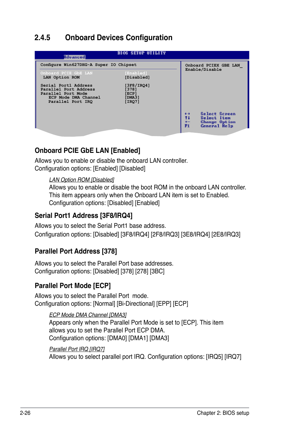 5 onboard devices configuration, Onboard pcie gbe lan [enabled, Serial port1 address [3f8/irq4 | Parallel port address [378, Parallel port mode [ecp | Asus P5KPL-CM User Manual | Page 74 / 90