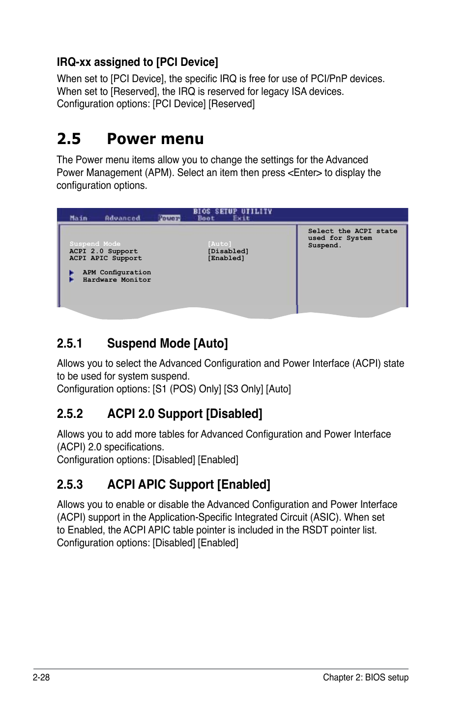 5 power menu, 1 suspend mode [auto, 2 acpi 2.0 support [disabled | 3 acpi apic support [enabled, Irq-xx assigned to [pci device | Asus P5KPL-CM User Manual | Page 76 / 90