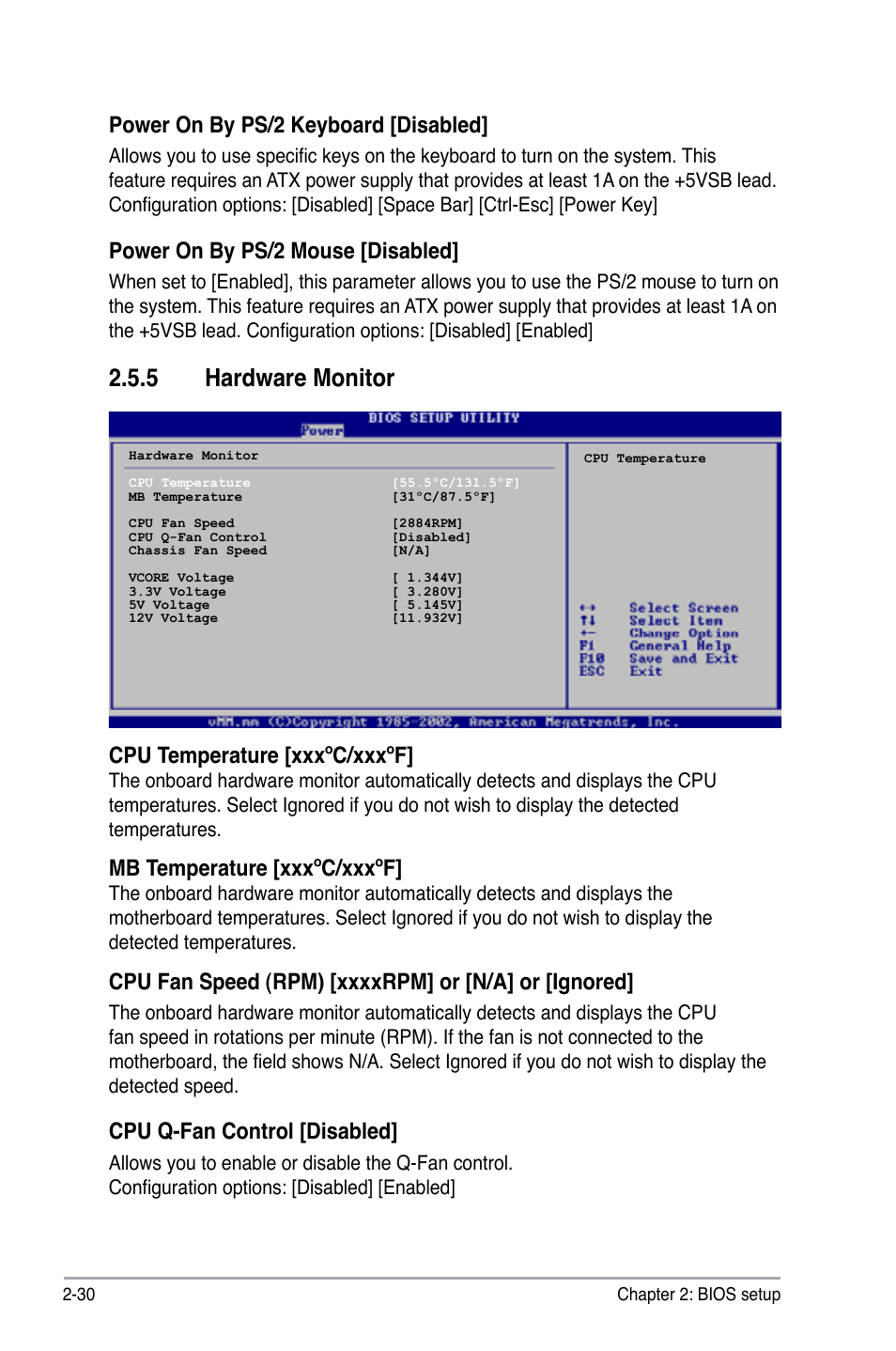 5 hardware monitor, Power on by ps/2 keyboard [disabled, Power on by ps/2 mouse [disabled | Cpu temperature [xxxºc/xxxºf, Mb temperature [xxxºc/xxxºf, Cpu q-fan control [disabled | Asus P5KPL-CM User Manual | Page 78 / 90