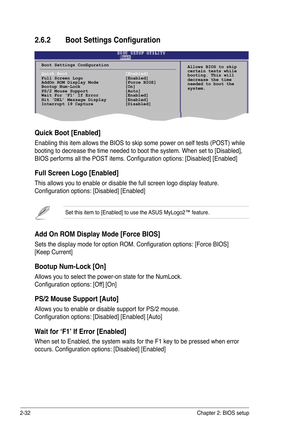 2 boot settings configuration, Quick boot [enabled, Full screen logo [enabled | Add on rom display mode [force bios, Bootup num-lock [on, Ps/2 mouse support [auto, Wait for ‘f1’ if error [enabled | Asus P5KPL-CM User Manual | Page 80 / 90