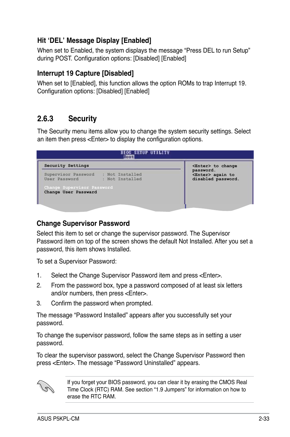 3 security, Hit ‘del’ message display [enabled, Interrupt 19 capture [disabled | Change supervisor password | Asus P5KPL-CM User Manual | Page 81 / 90
