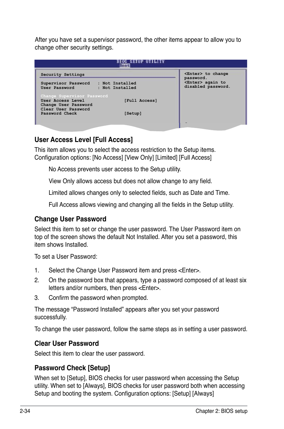 User access level [full access, Change user password, Clear user password | Password check [setup | Asus P5KPL-CM User Manual | Page 82 / 90