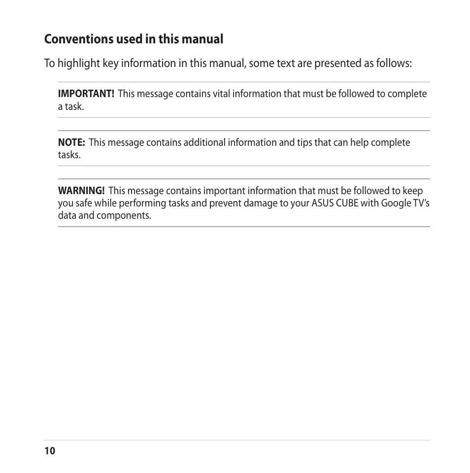 Conventions used in this manual | Asus CUBE with Google TV User Manual | Page 10 / 66