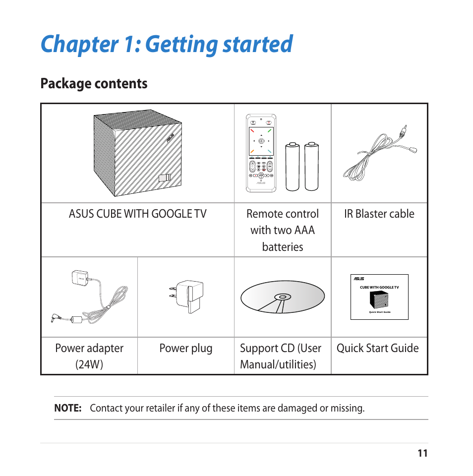 Chapter 1: getting started, Package contents | Asus CUBE with Google TV User Manual | Page 11 / 66