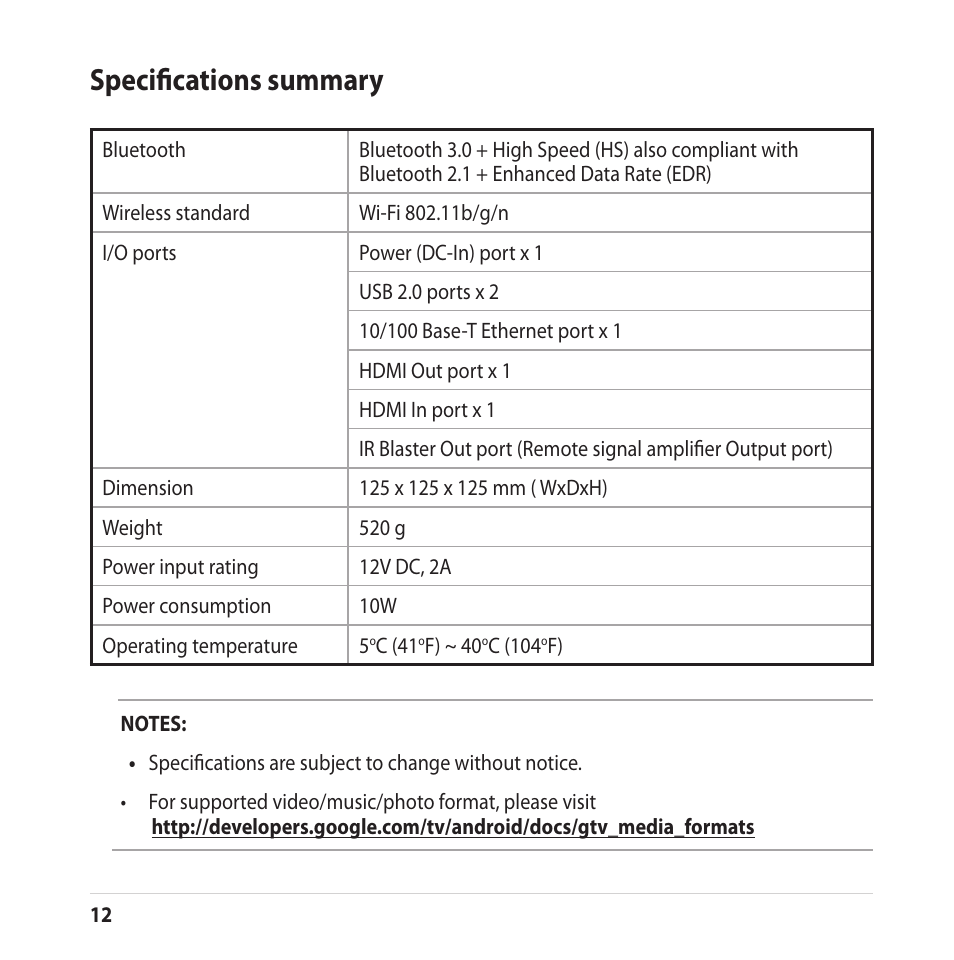 Specifications summary | Asus CUBE with Google TV User Manual | Page 12 / 66